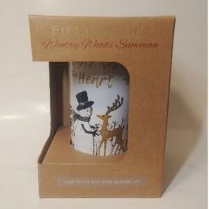 FITZ & FLOYD Wintery woods Snowman "FRIENDS WARM THE HEART" Ceramic travel mug